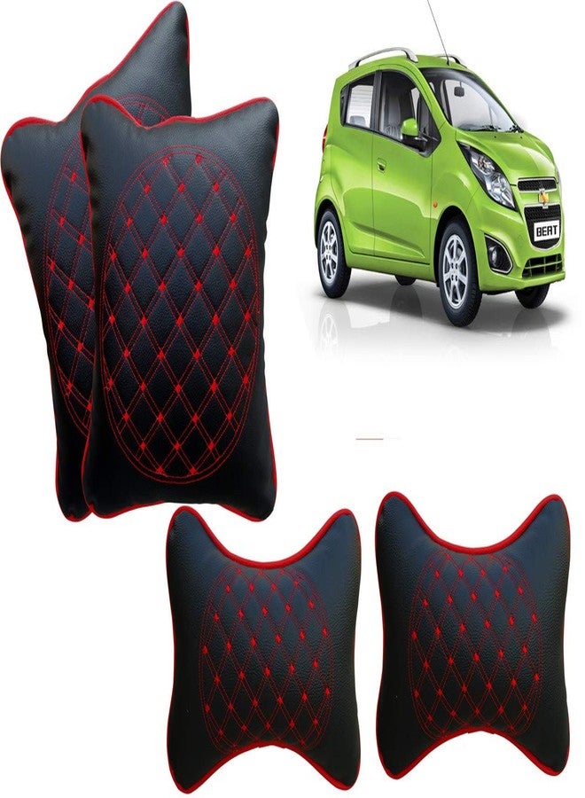 Selifaur Black and Red Double Quilted Car Cushion and Neck Rest Pillow Set of 4 for Beat Type-1 - Image 1